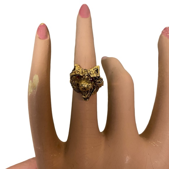 Vintage Jewelry - Vintage Wolf Gold Cocktail Ring Rhinestone Eyes